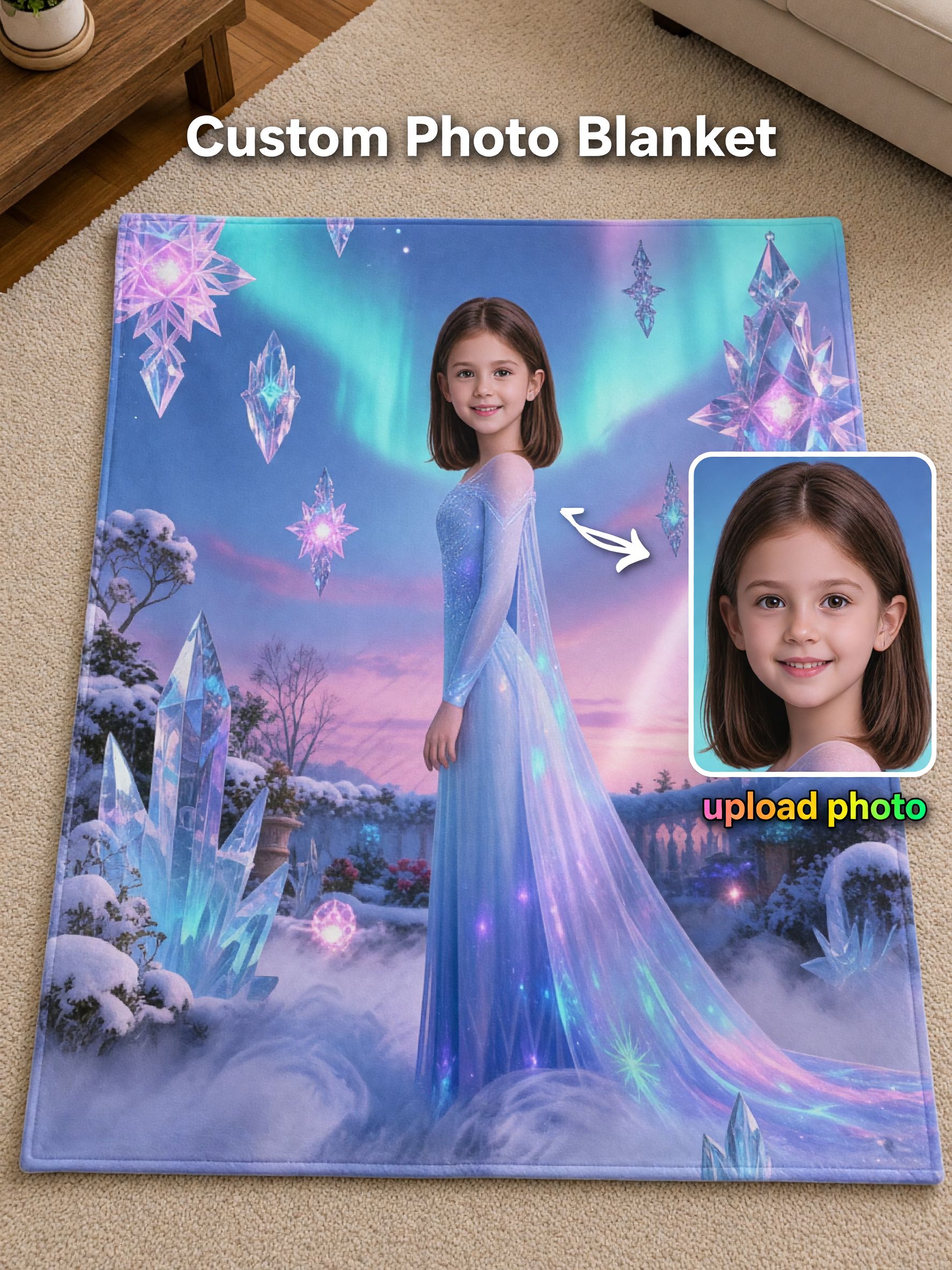 Custom Photo Face Blanket Ice Princess Velvet Flannel Throw, Ultra Soft Fleece Ideal Personalized Gift for Girls