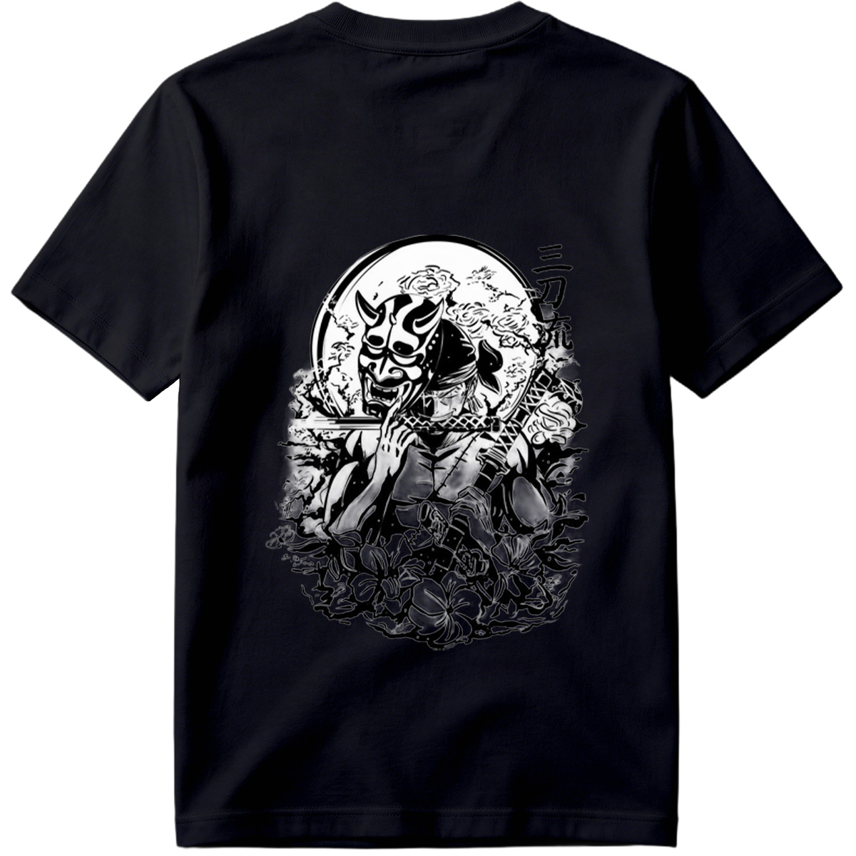 Samurai with Oni Mask and Katana in Floral Scene - Tee