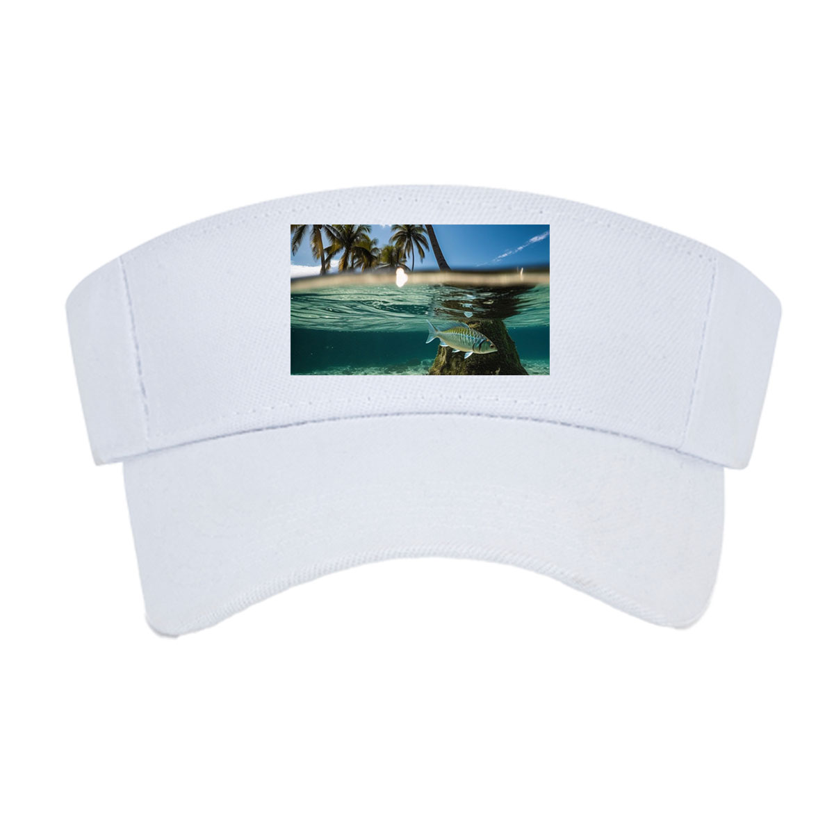 Tropical paradise with palm trees and a fish swimming underwater -  Visor cap