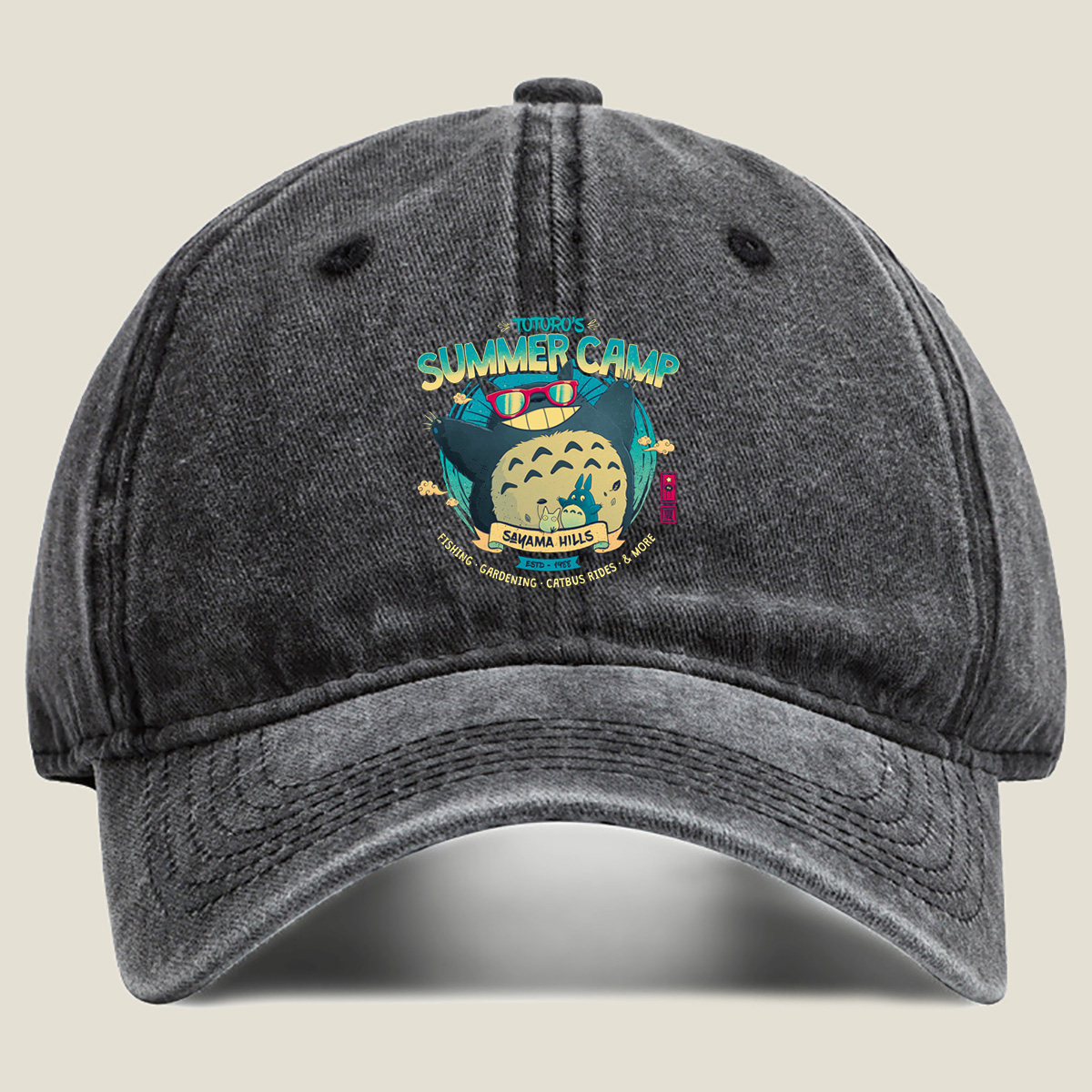 Totoro's Summer Camp: Totoro, Little Totoros, and Catbus in Sakama Hills - Washed Denim - Baseball Cap
