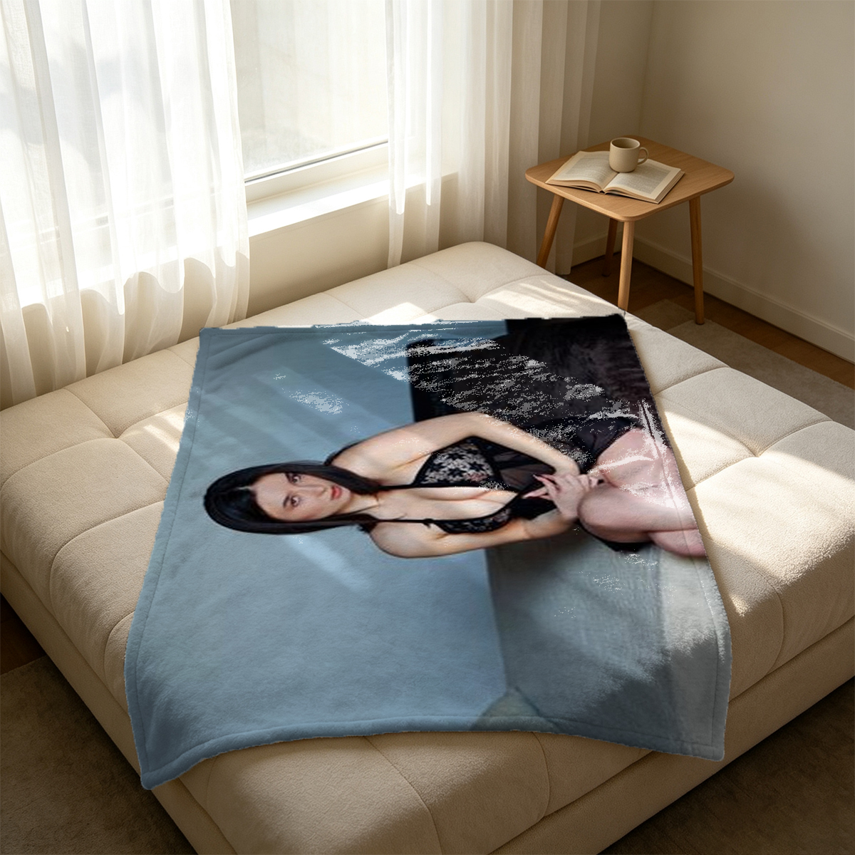 Nude Asian beauty in unbuttoned grey shirt and purple lingerie kneeling on couch. - Blanket