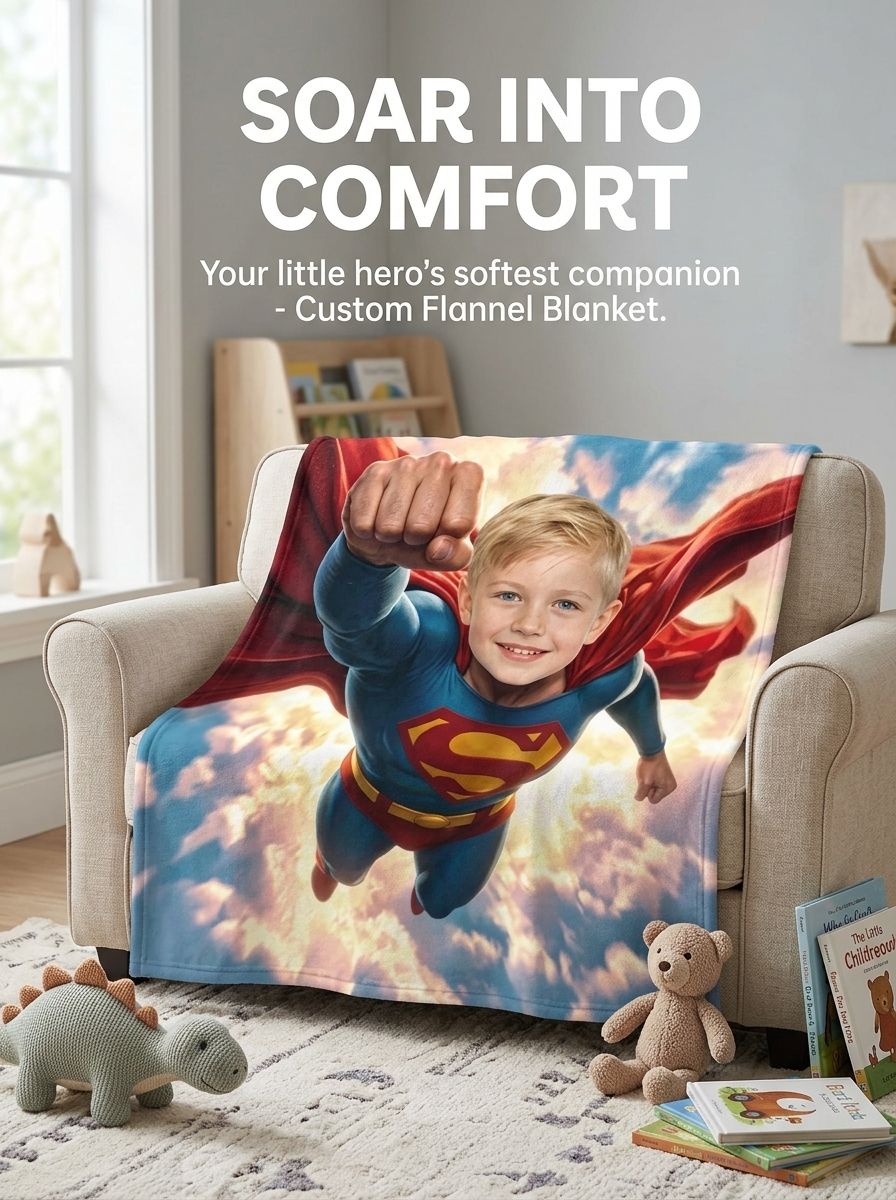 Personalized Superhero Photo Face Flannel Blanket Ultra Soft Cozy Fleece Throw Cover for Kids Boys Birthday Gift