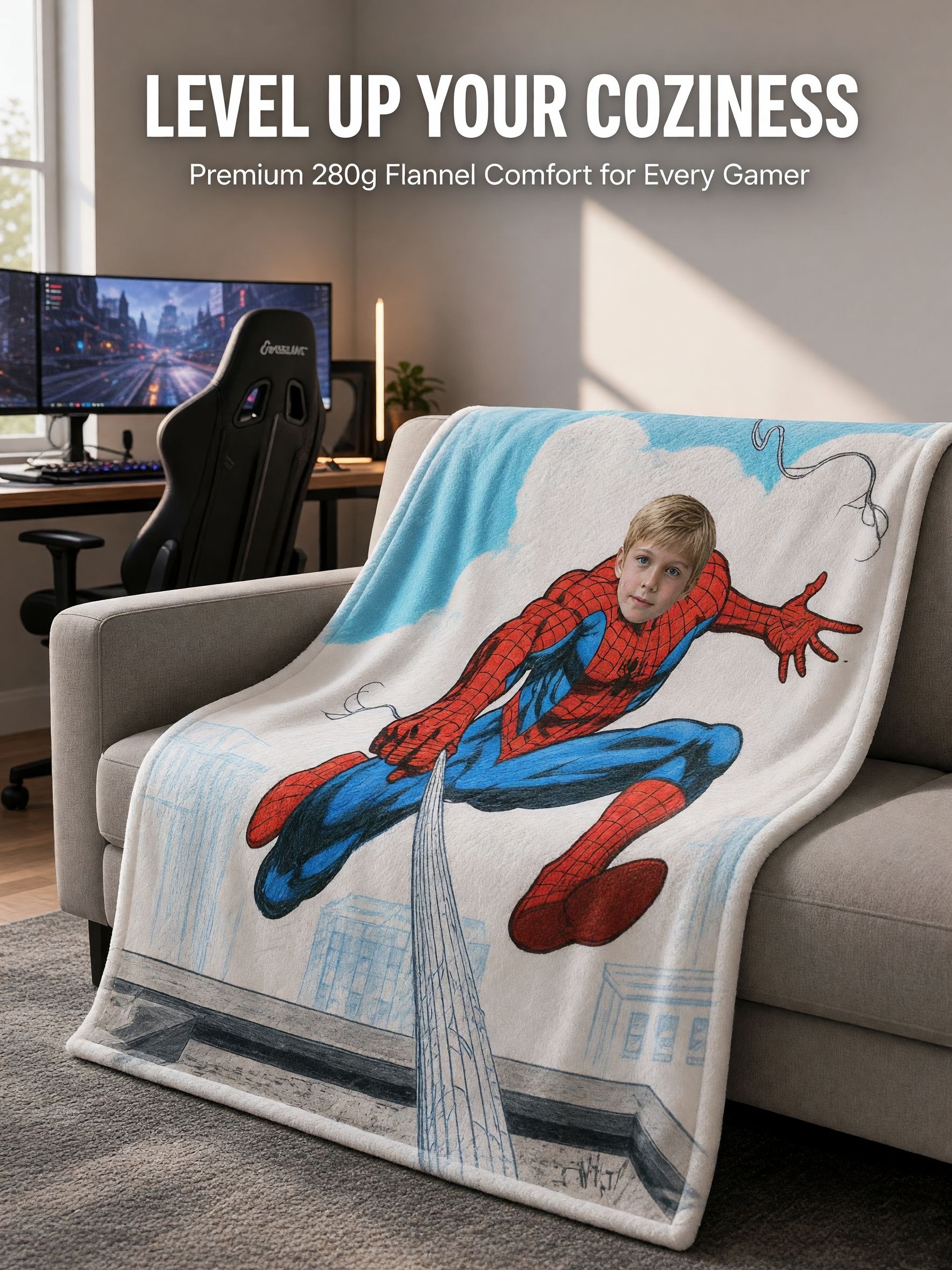 Custom Photo Face Superhero Flannel Fleece Throw Blanket, Personalized Hero Throw Blanket for Kids and Teens, Ultra