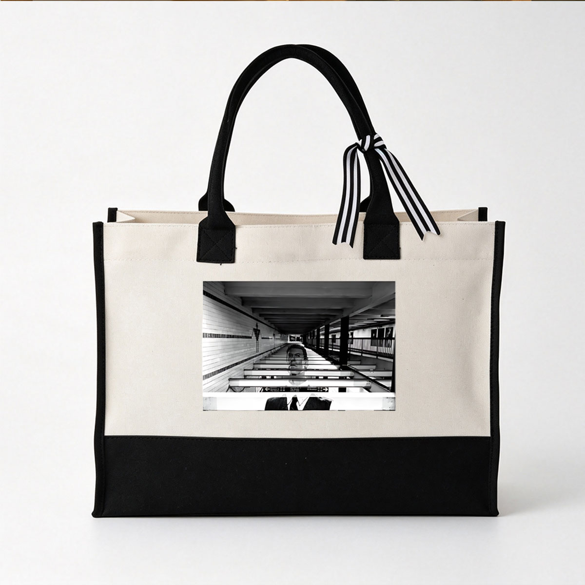 Man in Suit on Subway Platform with Overlaid Face and Directional Signs - Canvas patchwork gift tote bag