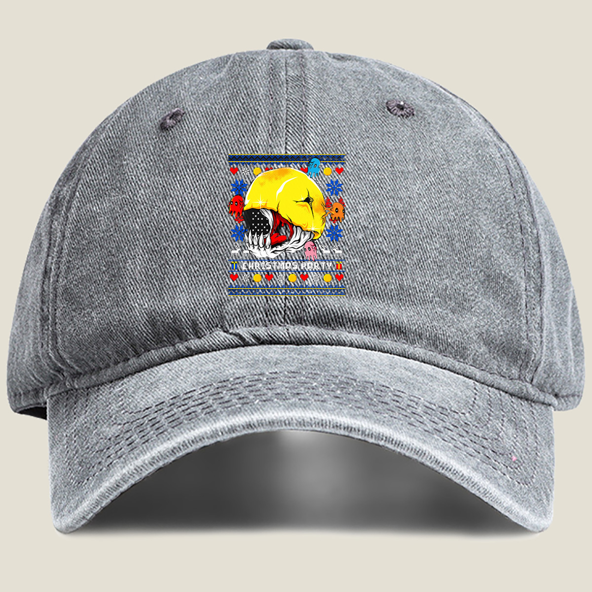 Pac-Man Christmas Party with Ghosts - Washed Denim - Baseball Cap