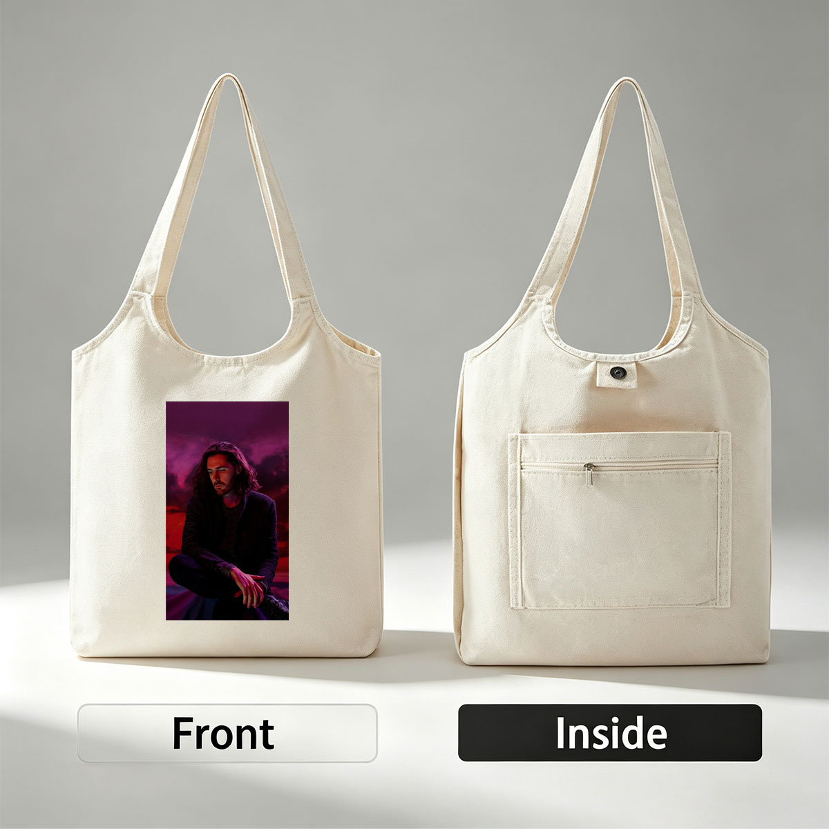 Hozier Sitting in a Dramatic Purple and Red Sky Scene - Canvas shoulder bags/