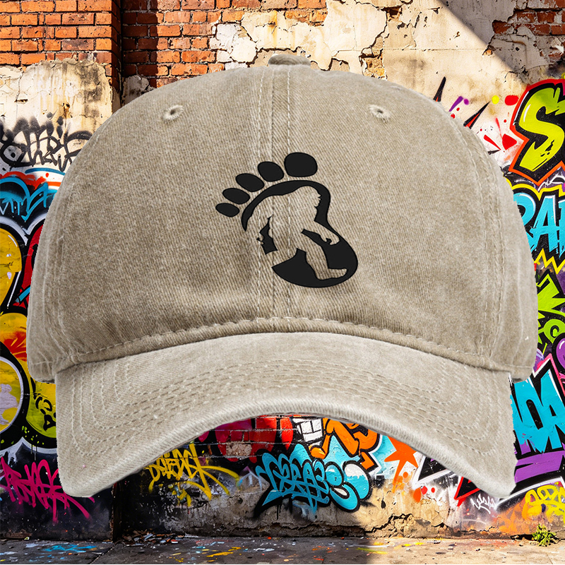 Unisex Classic Washed Cap with Bigfoot Silhouette Print - Outdoor Adventure Hat for Hiking, Camping, and Nature Enthusiasts
