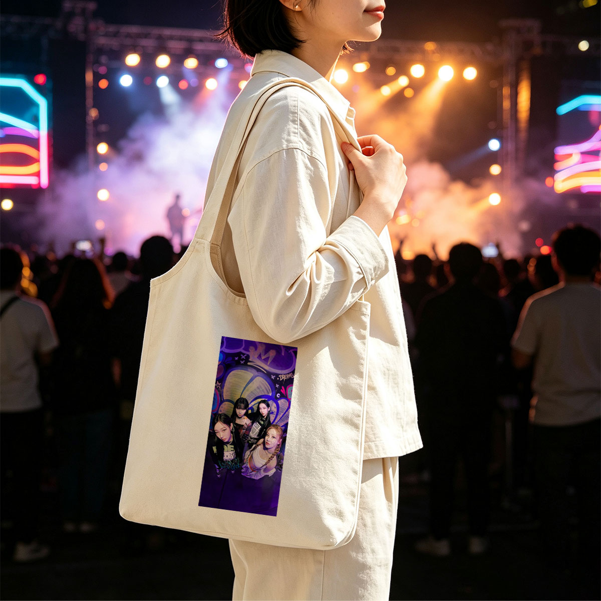 Aespa Members Pose in Vibrant Graffiti Room with Purple Lighting and Bold Streetwear Styles - Canvas shoulder bags/