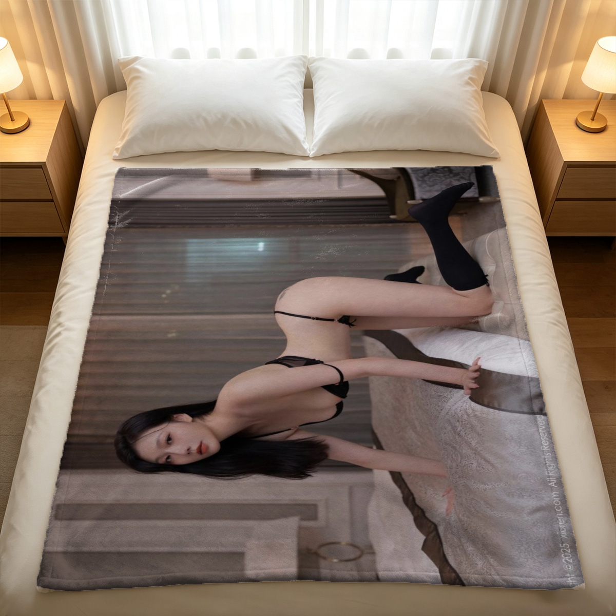 A young woman in white lingerie bound spread-eagle on a wooden table surrounded by photographs. - Blanket