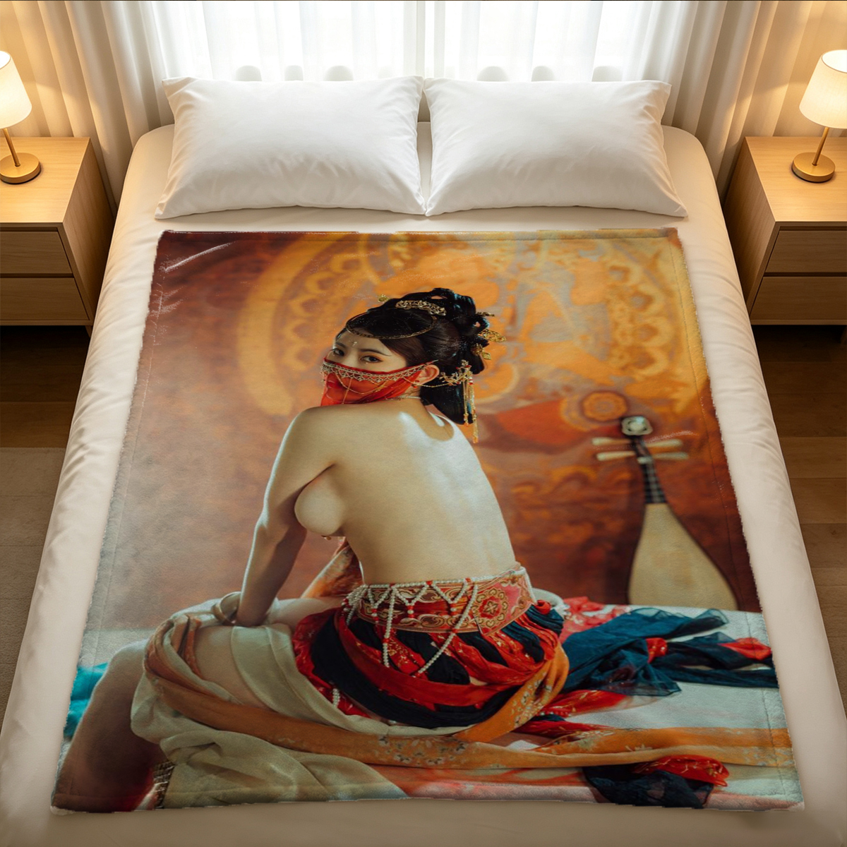 Nude Woman Posing in Artist Studio with Eiffel Tower Painting - Blanket