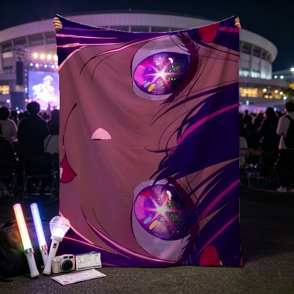 Anime Character with Glowing Purple Eyes and Dramatic Expression in a Cosmic Background - Blankets