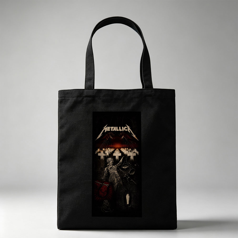 Metallica Cemetery Scene with Statue and Crosses in Dark Atmosphere - Canvas tote bags