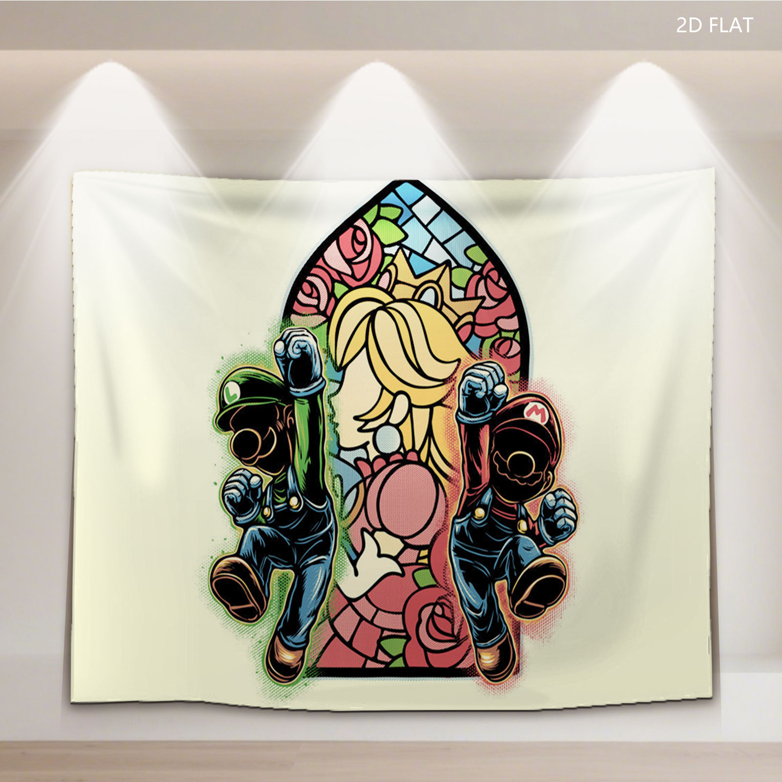 Mario and Luigi Guarding Princess Peach in Stained Glass Style - Tapestry