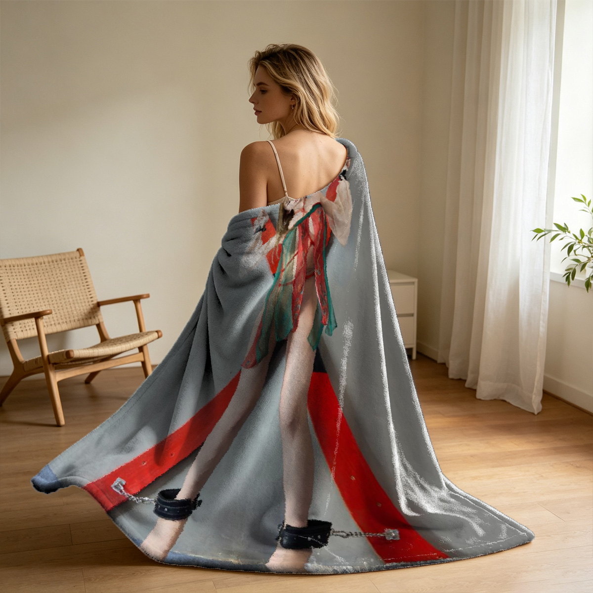 Naked woman with long hair posing on bed in hotel room - Blanket