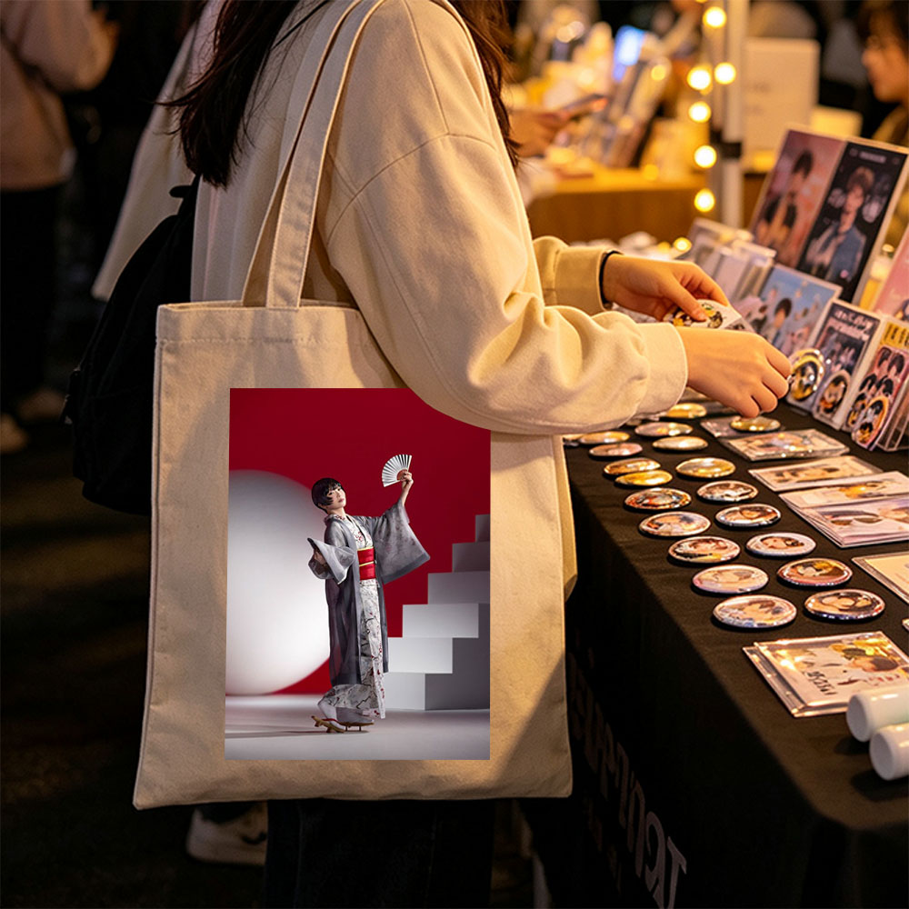 Maki Horikita in Traditional Kimono Holding Fan Against Red Background - Canvas tote bags