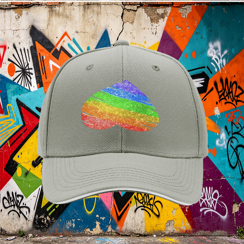 Unisex Classic Sandwich Hat with Rainbow Glitter Heart Print - Perfect for Pride Events, Outdoor Activities, and Casual Wear - Ideal for Adults Seeking Expressive Fashion Statement