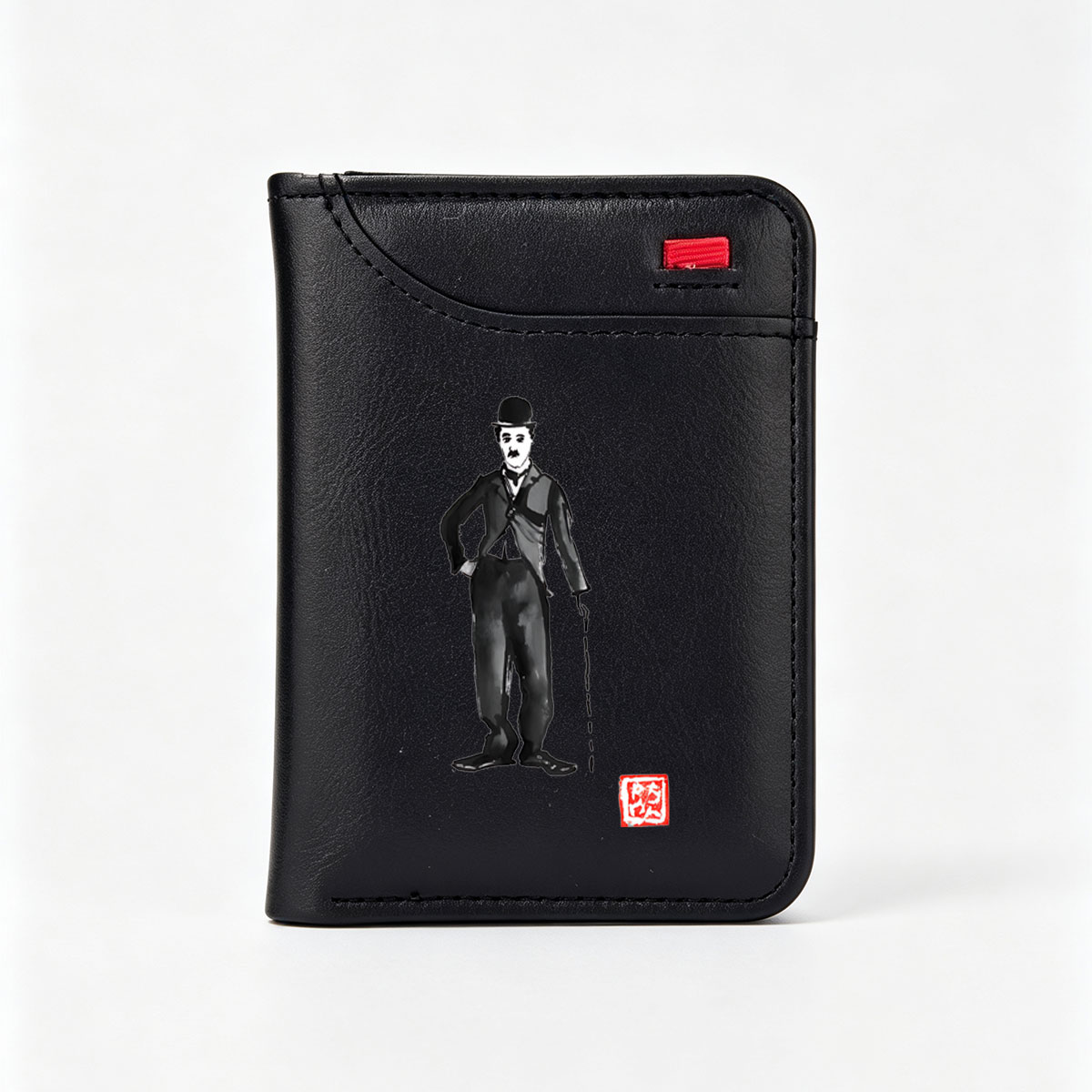Charlie Chaplin in Classic Costume with Cane and Bowler Hat - Vertical Style Wallet