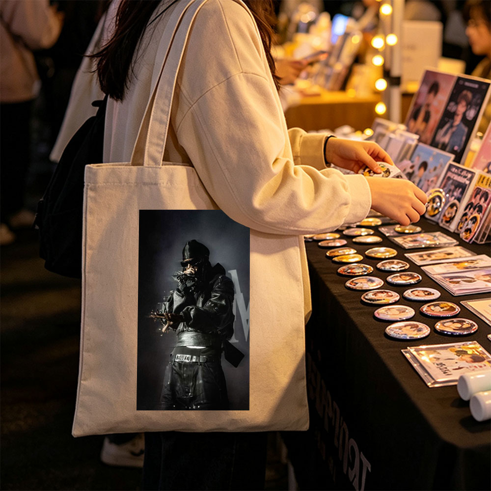 Migos in Performance: Rapper in All-Black Leather Outfit with Microphone on Stage - Canvas tote bags