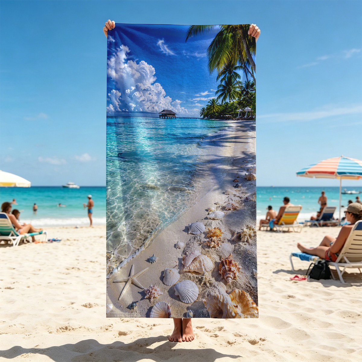 Tropical Beach with Clear Water, Shells, and Palm Trees - Beach towels