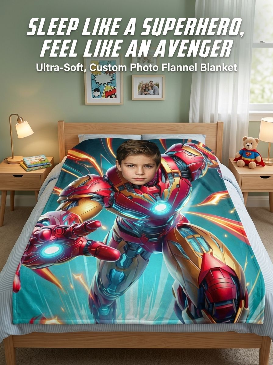 Custom Face Superhero Blanket Personalized Photo Throw Ultra Soft Anti Pilling Flannel Fleece for Bed Couch Ideal Gift