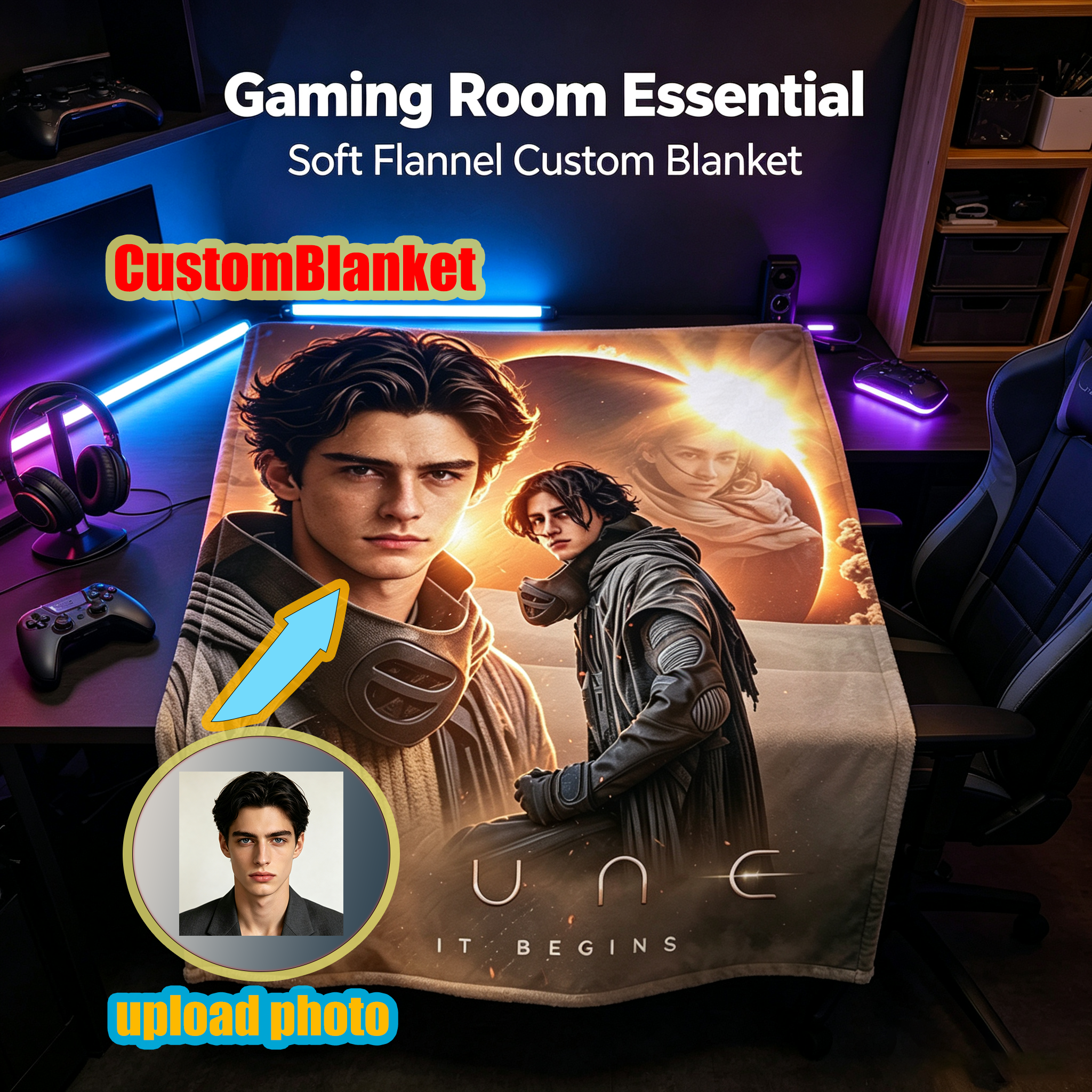Custom Face Blanket Dune Movie Character Flannel Blanket for Home Decor and Cozy Nights – Perfect Gift or Giveaway for Fans