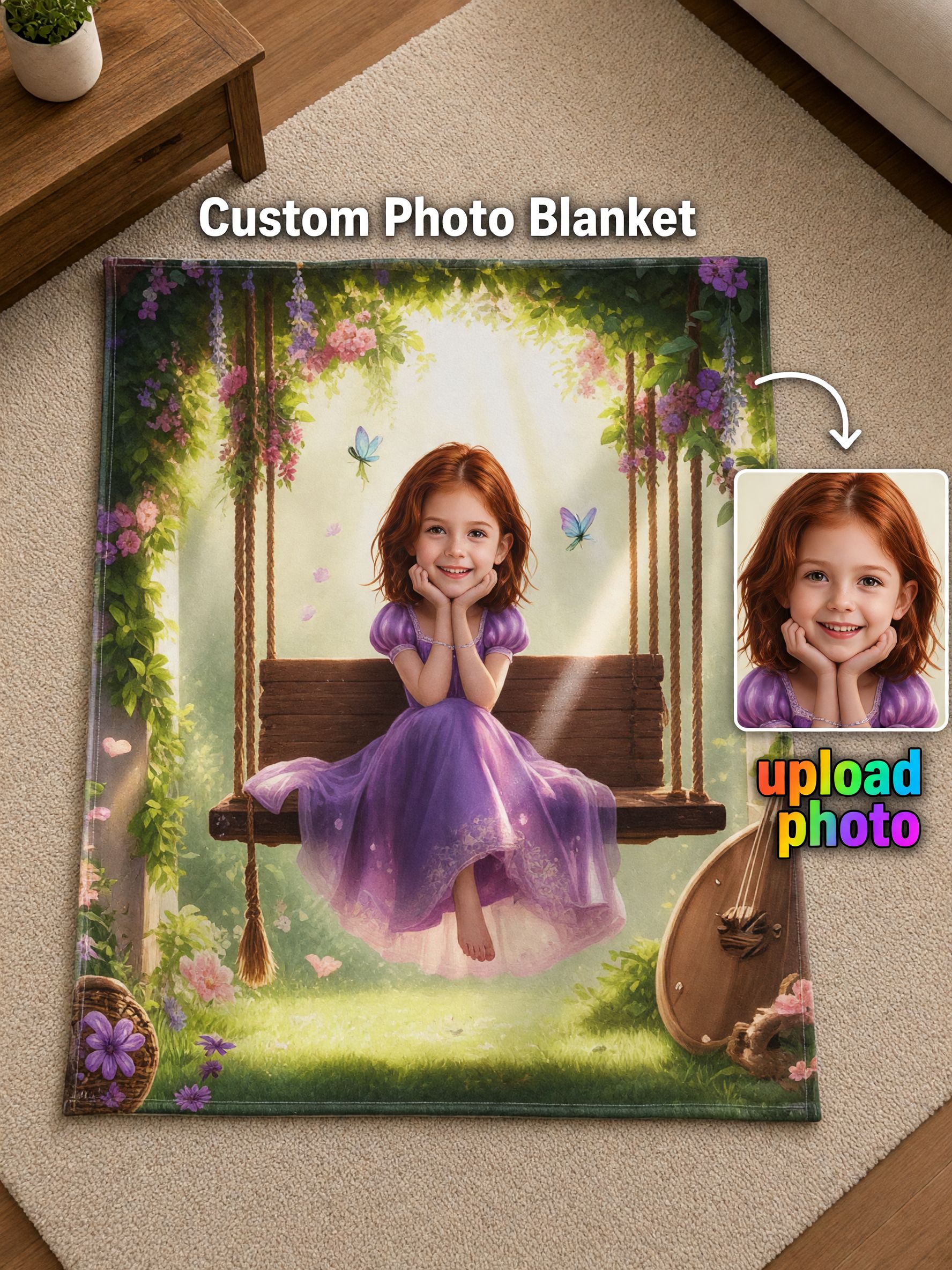 Custom Face Photo Flannel Blanket Personalized Princess Portrait Soft Fleece Throw Blanket for Bed Couch Cozy Gift