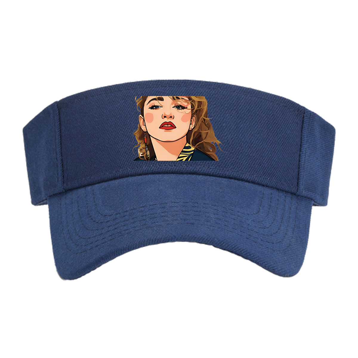 Portrait of a Woman with Blonde Hair and Blue Bow, Wearing a Navy Blue Top with Yellow Patterns -  Visor cap