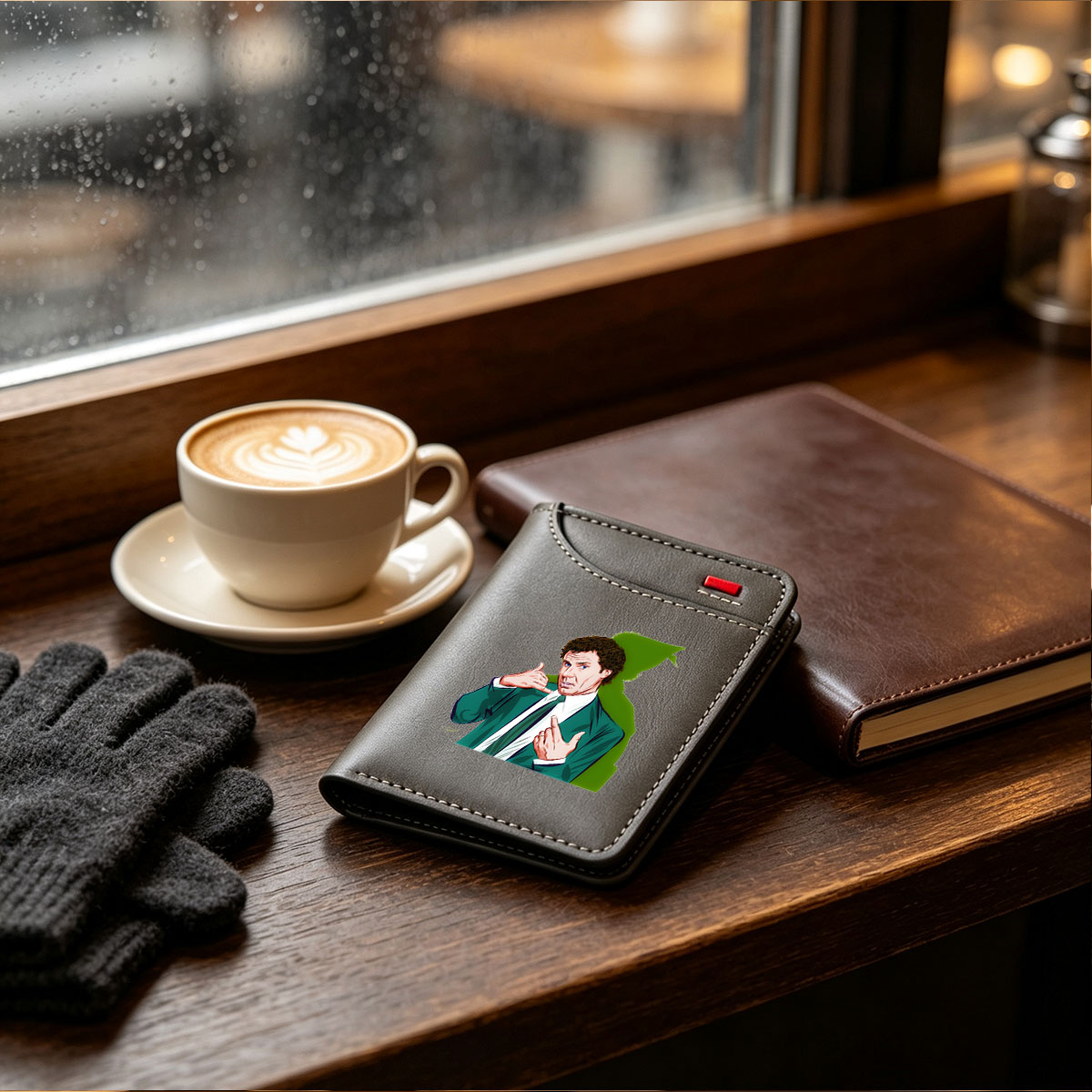 Will Ferrell as Ron Burgundy in Anchorman, making a phone gesture with expressive hands and a green suit. - Vertical Style Wallet