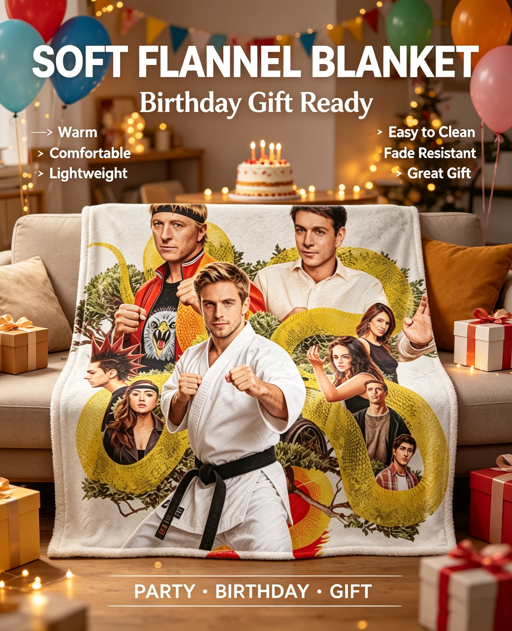 Custom Face Blanket - Cobra Kai Karate Kid Inspired Flannel Blanket for Fans, Perfect for Couch Cozy Nights and Birthday Gift Ideas