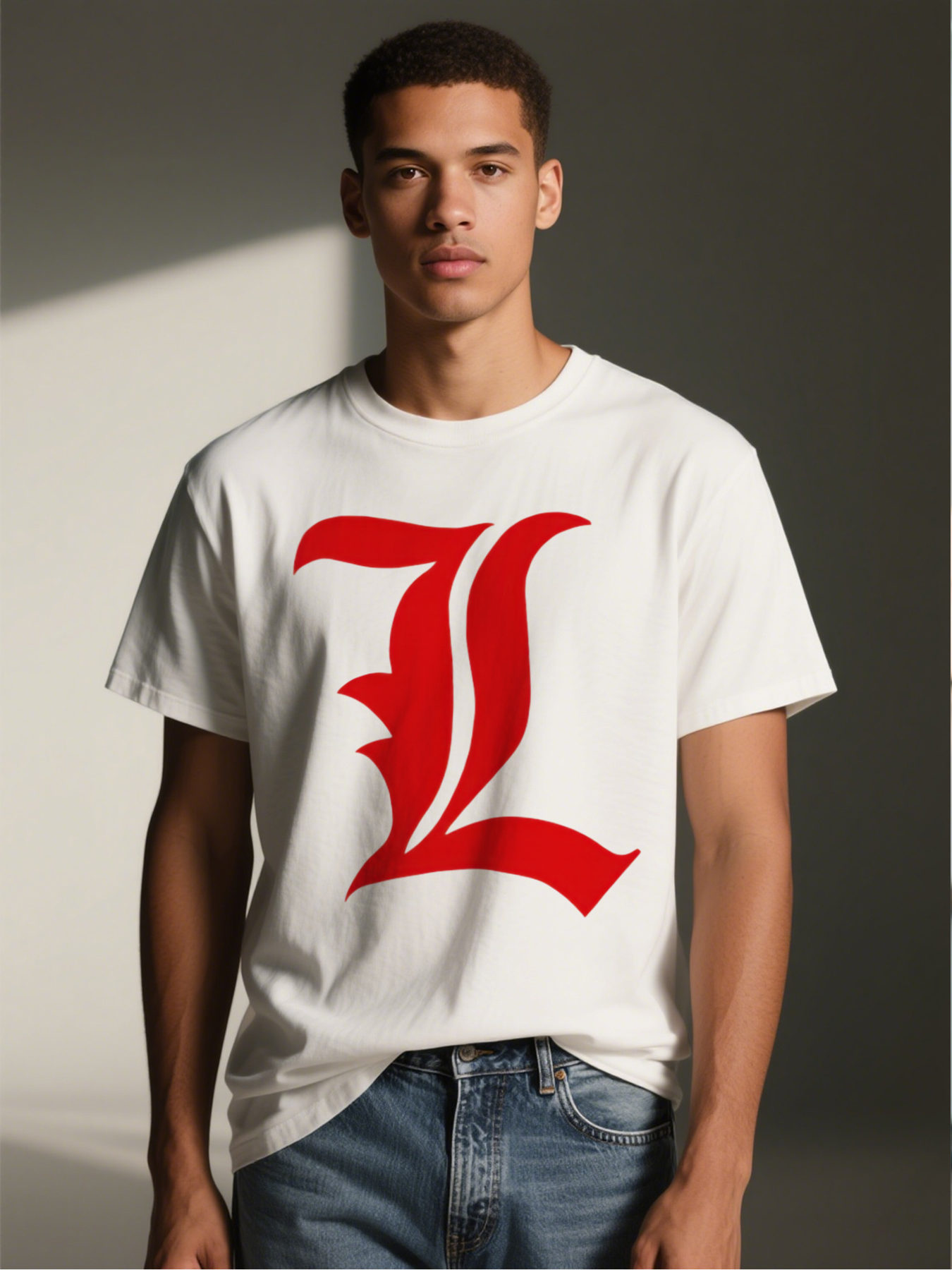 Men's Printed T-Shirt with Bold Red Gothic Letter L Design Casual Round Neck Summer Lightweight Breathable Short Sleeve T-Shirt for Everyday Wear and Outdoor Activities Suitable for Young Adults and Fashion-Lovers