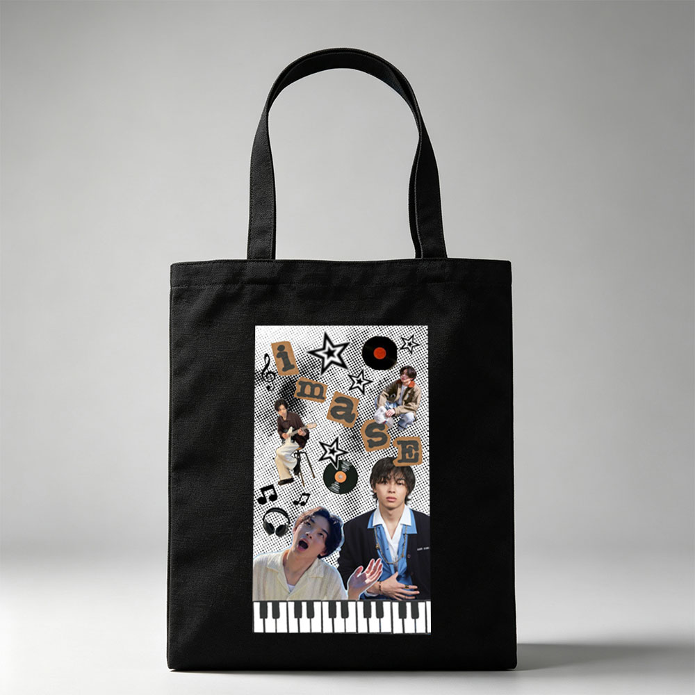 Imase Band Members in Music-Themed Collage with Guitar, Piano Keys, and Vinyl Records - Canvas tote bags