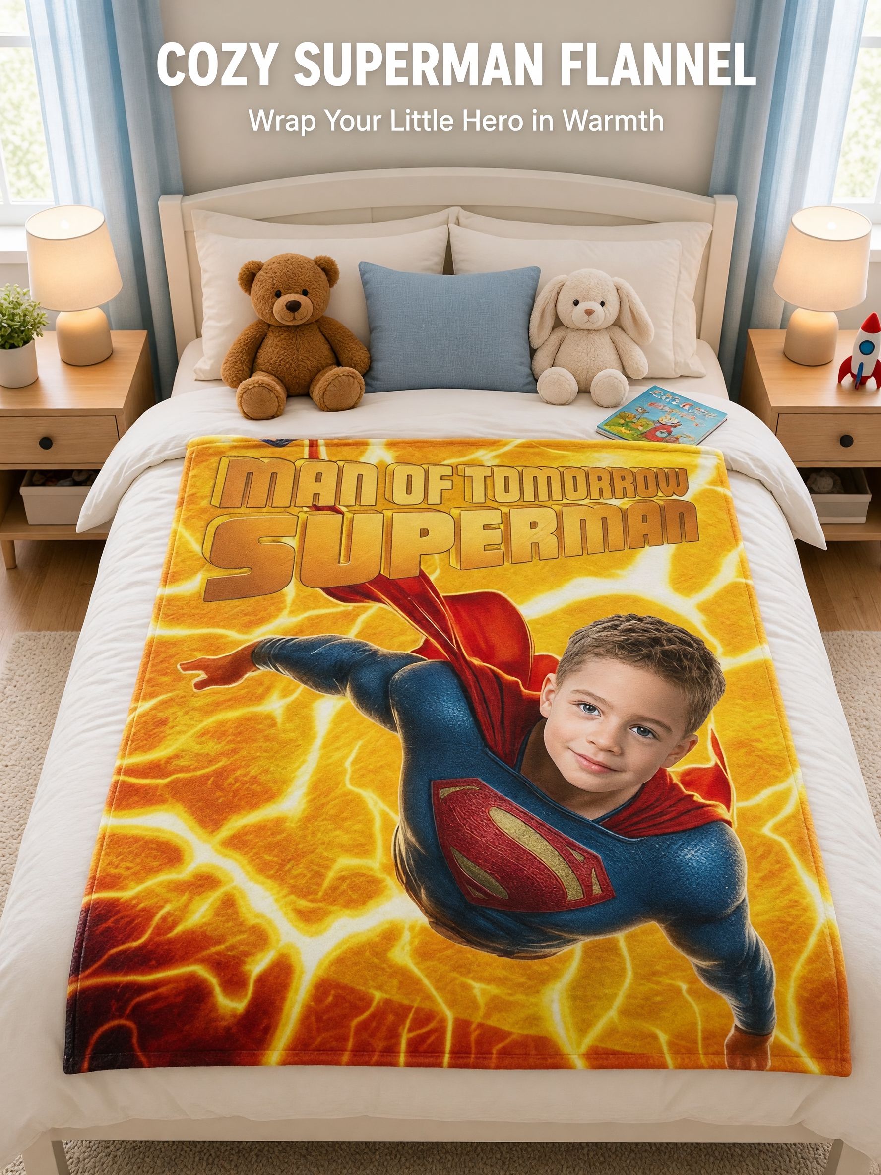 Custom Photo Superhero Blanket Personalized Headshot Flannel Throw Ideal Cozy Gift for Kids and Family