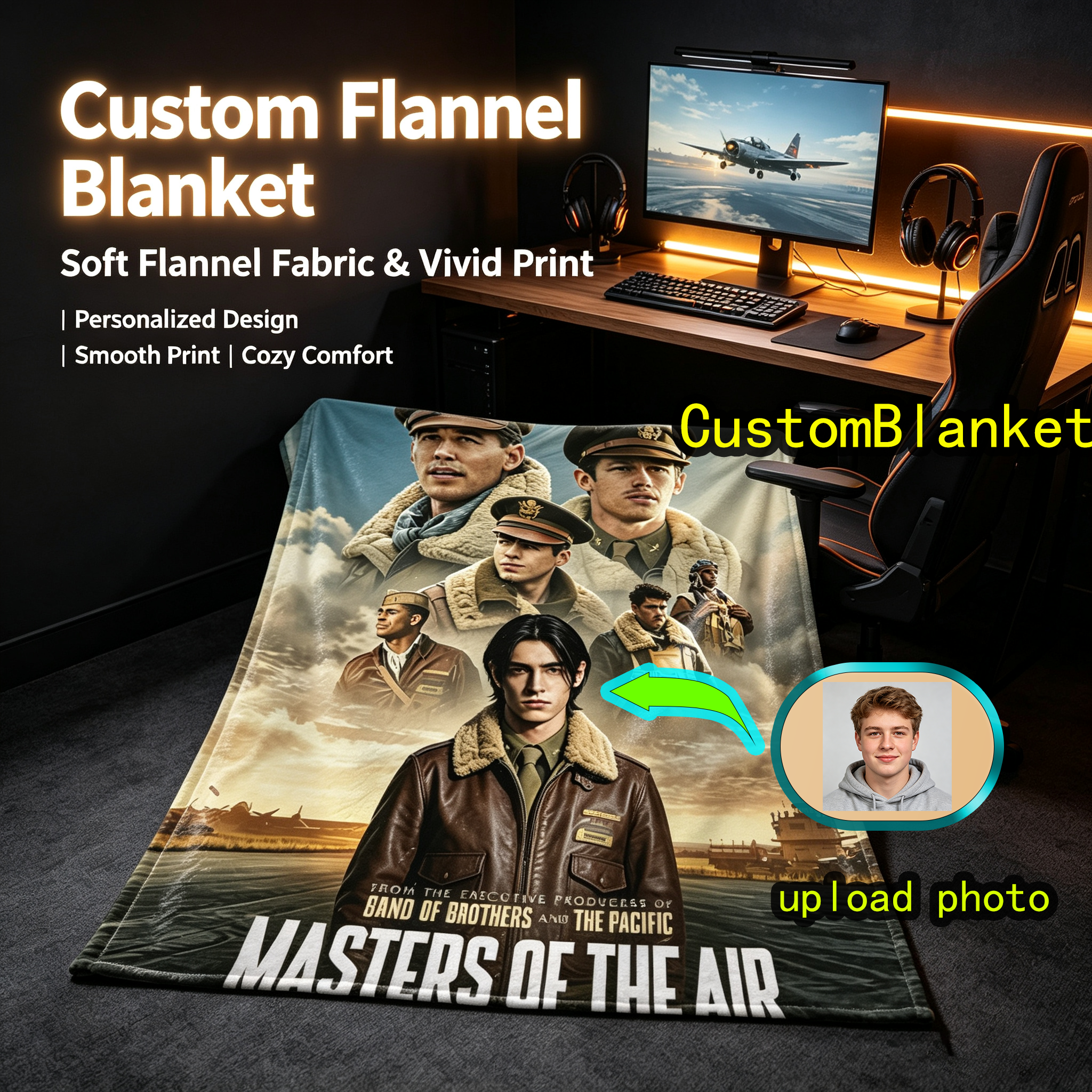 Custom Face Blanket Masters of the Air Movie Characters Flannel Blanket for Home Decor and Cozy Nights Perfect Gift or Giveaway Item