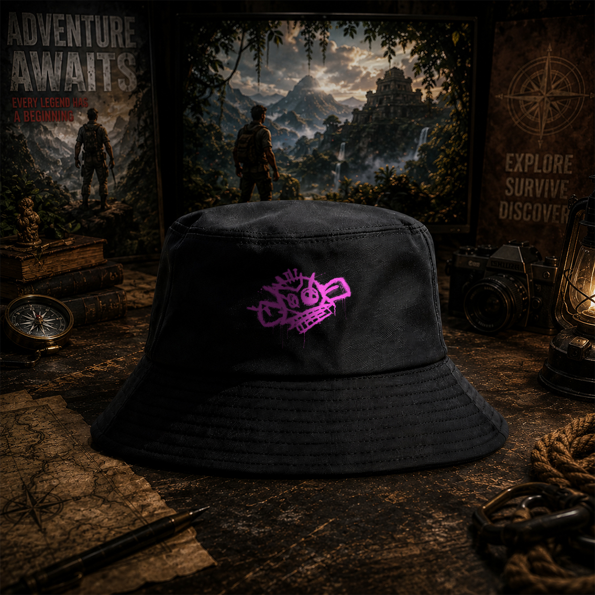 Graffiti-style pink skull with crown and crossbones on black background - Fisherman's Hat