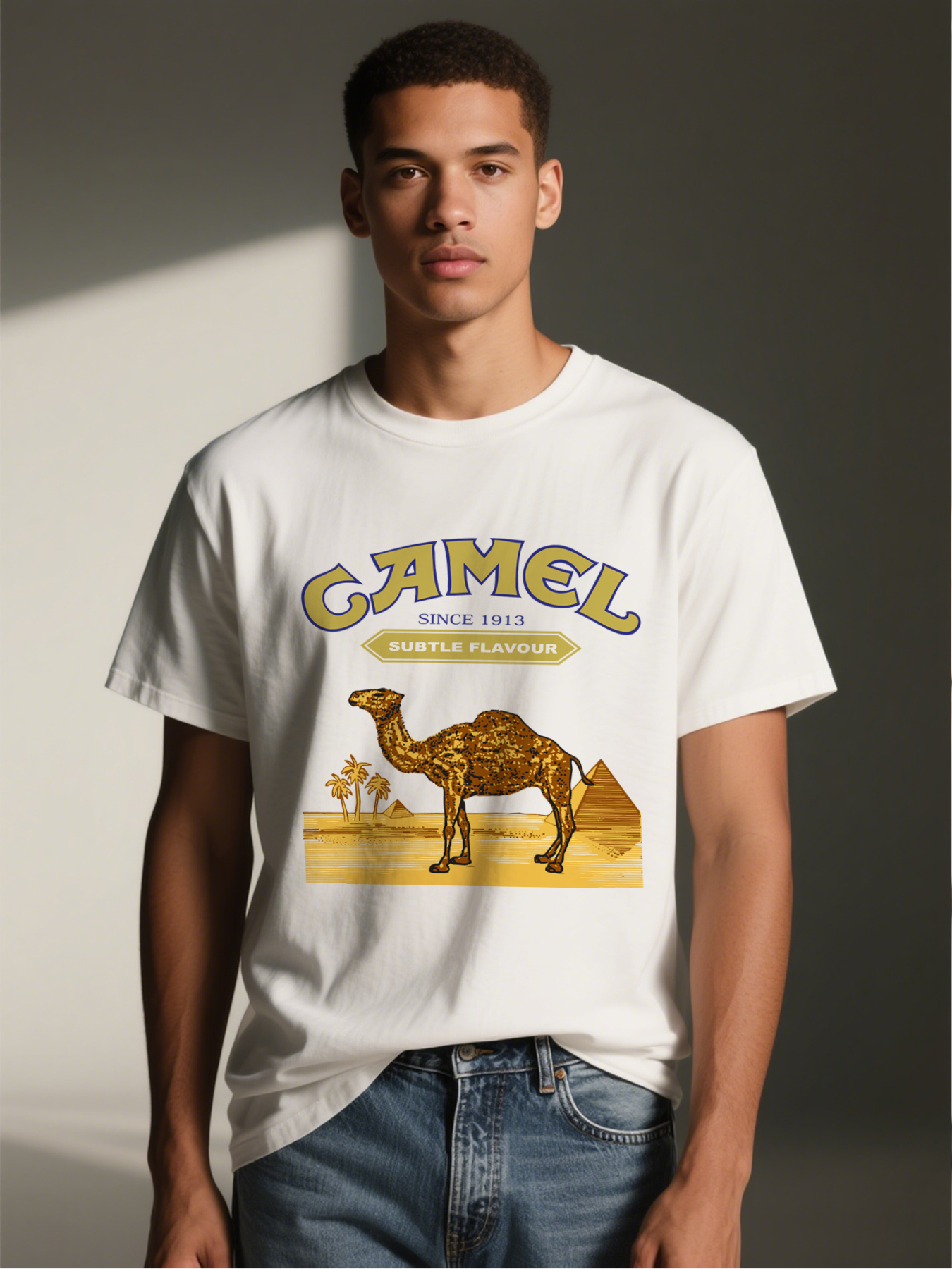 Men's Camel Print T-Shirt with Desert Scene and 