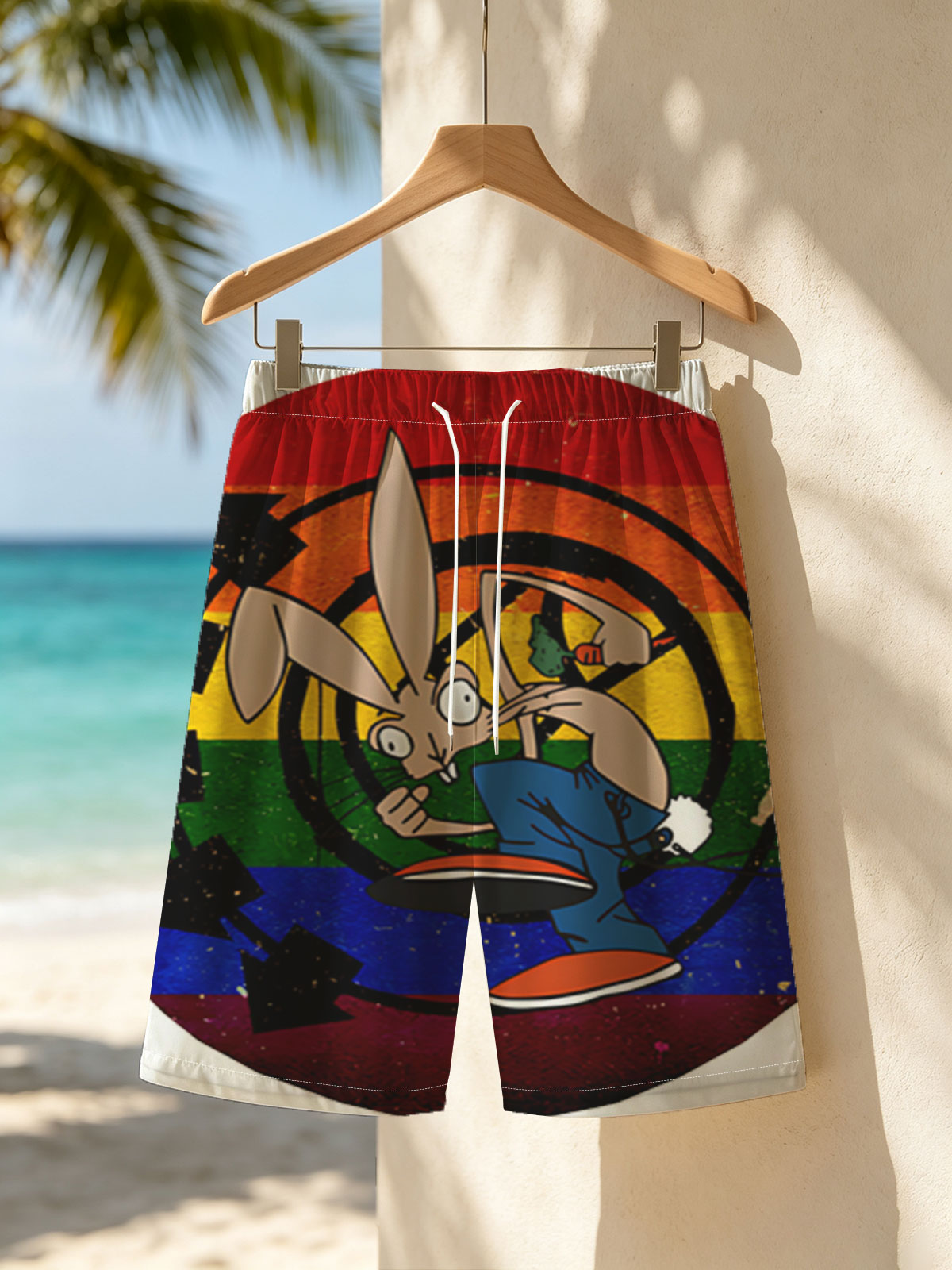 Bugs Bunny in Action: Classic Cartoon Character with Rainbow Background -  Beach shorts