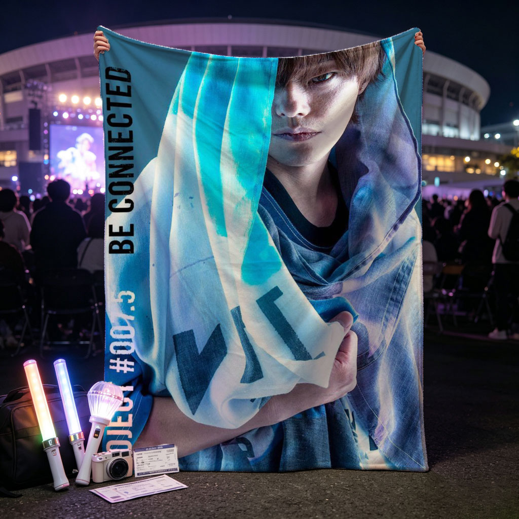 Yuki Kaji in a Dramatic Pose with Blue Tinted Scarf and Text Overlay 