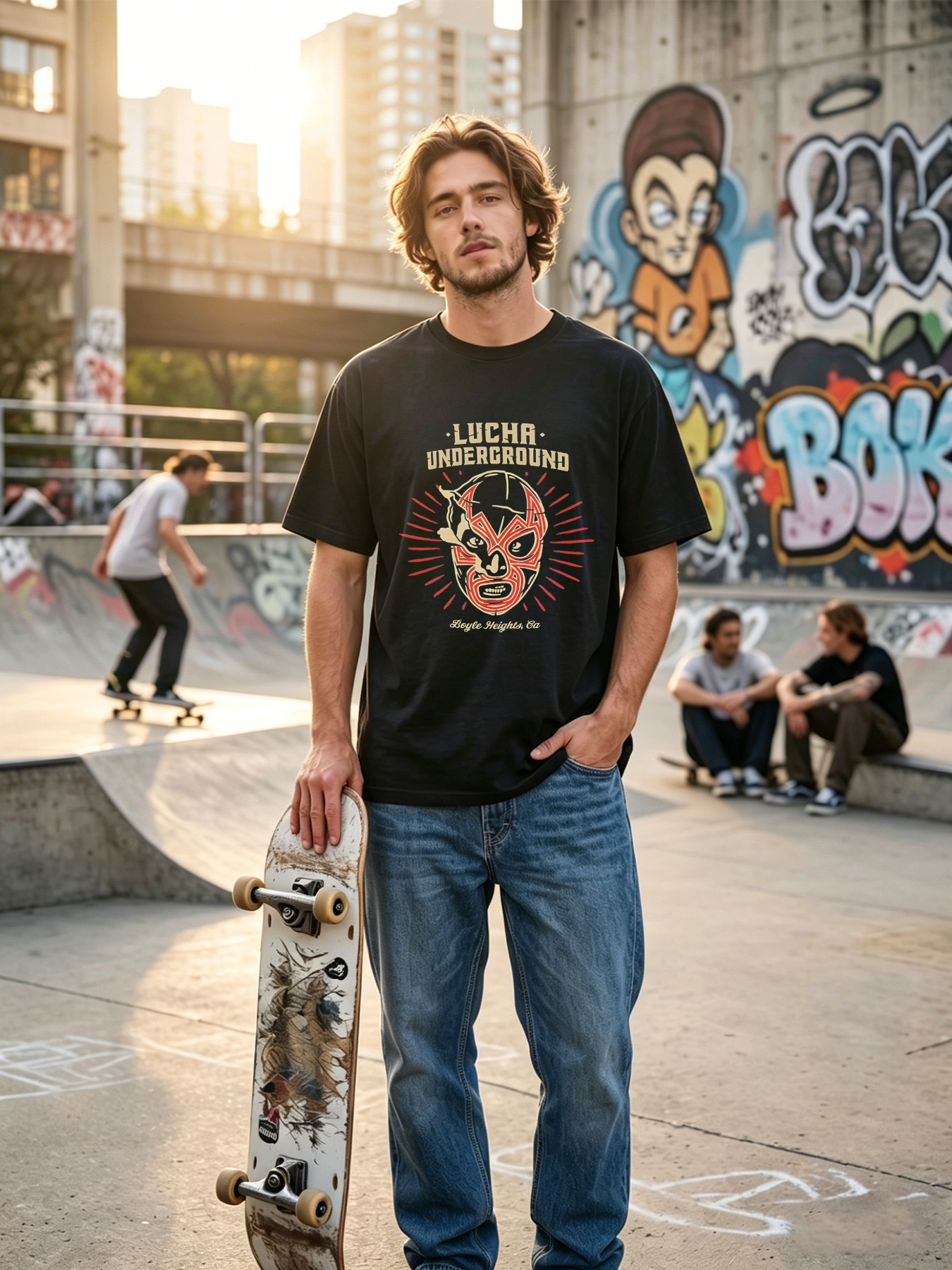Men's Lucha Underground Mask Print T-Shirt Casual Round Neck Summer Lightweight Breathable Short Sleeve Tee for Wrestling Fans and Streetwear Enthusiasts