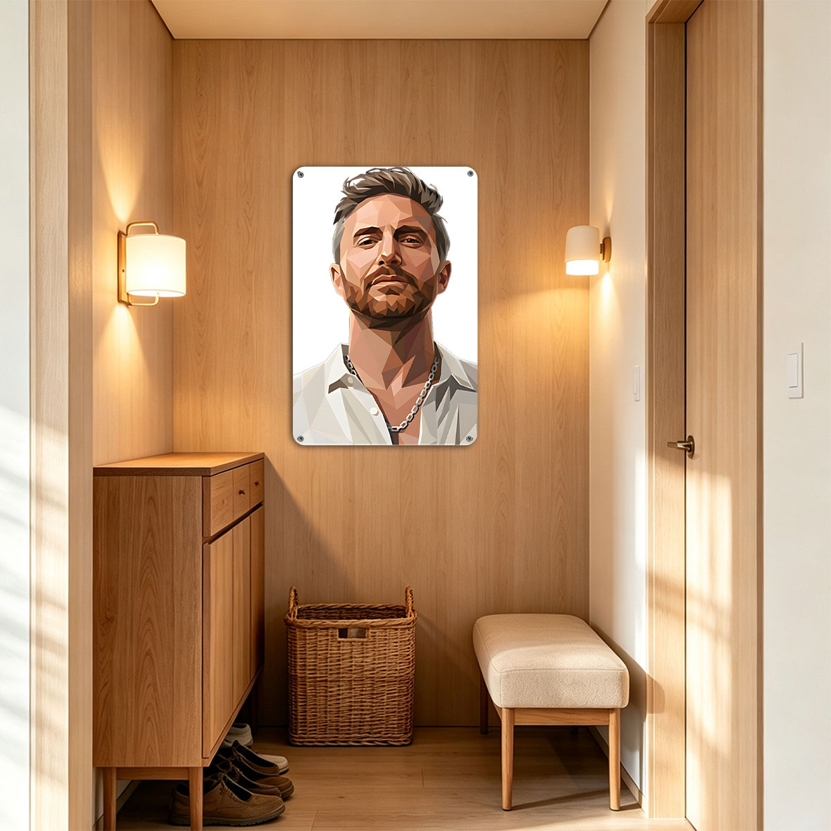 Low-Poly Portrait of a Man in White Shirt and Chain Necklace - painting
