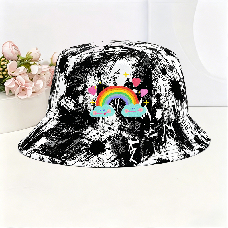Unisex Classic Graffiti Bucket Hat with Rainbow Clouds and Hearts Print - Perfect for Casual Outings, Beach, Travel, and Daily Wear - Ideal for Youth and Adults Seeking Fun, Colorful Streetwear Style