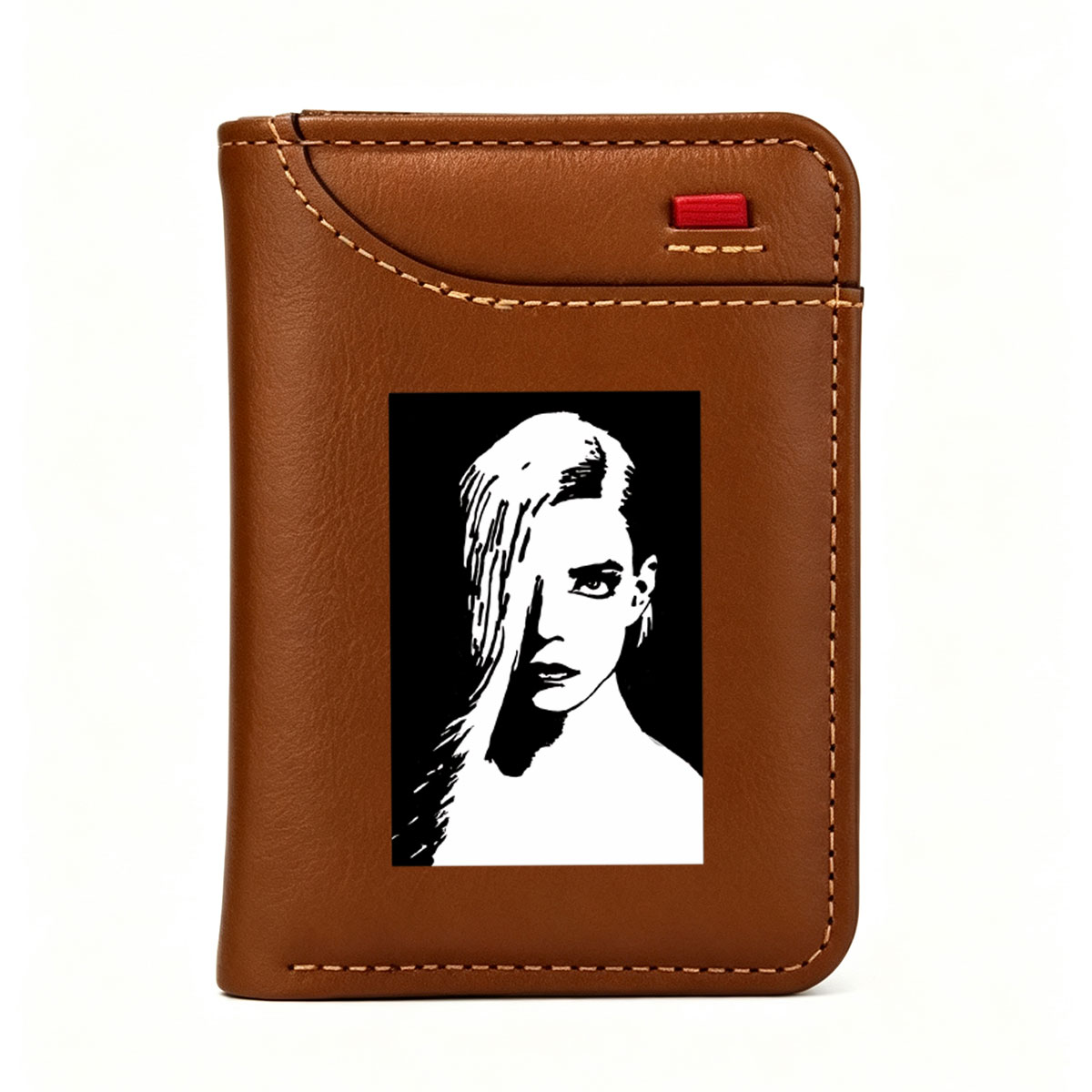Stylized Black and White Portrait of a Woman with Long Hair - Vertical Style Wallet