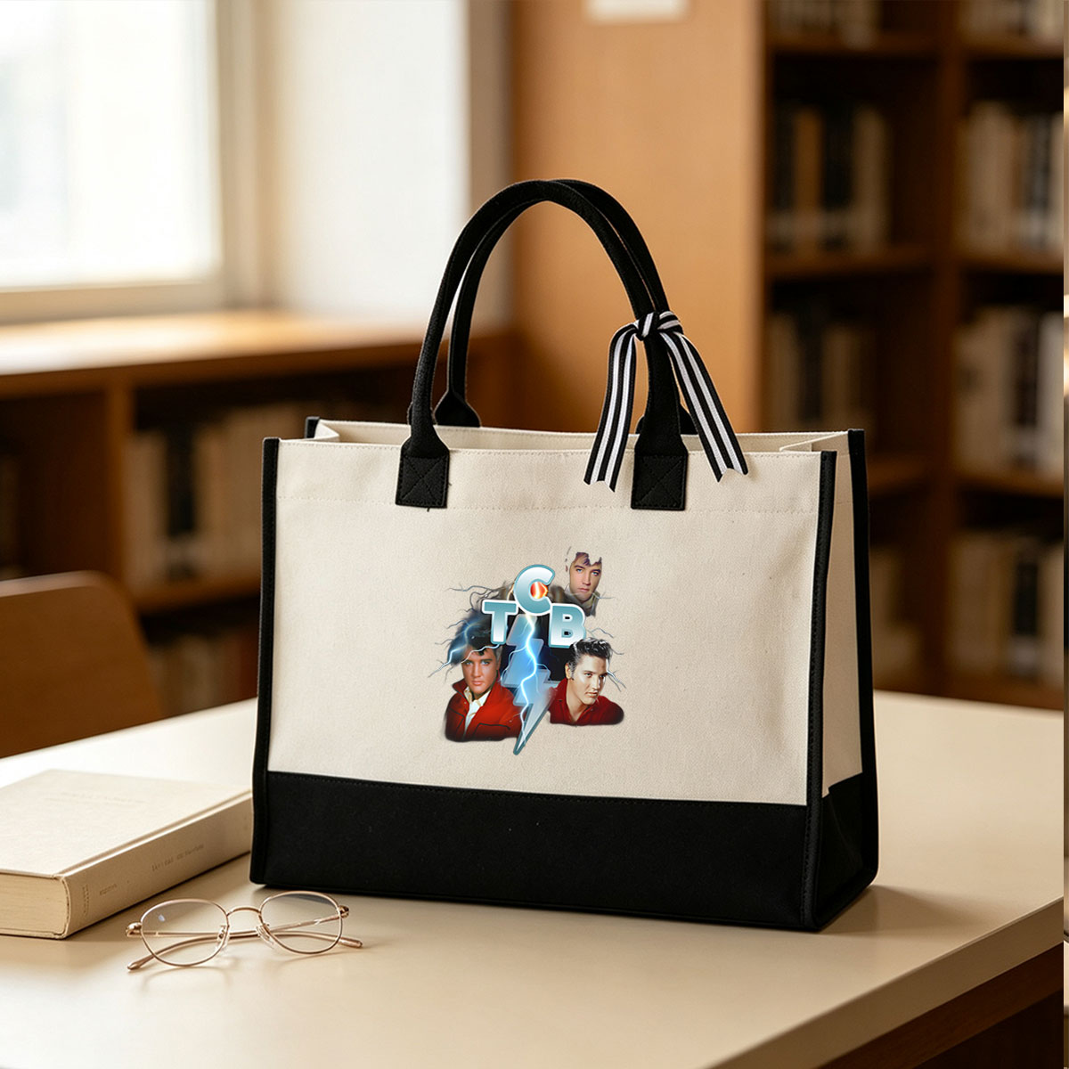 Elvis Presley TCB Logo with Lightning and Iconic Portraits - Canvas patchwork gift tote bag
