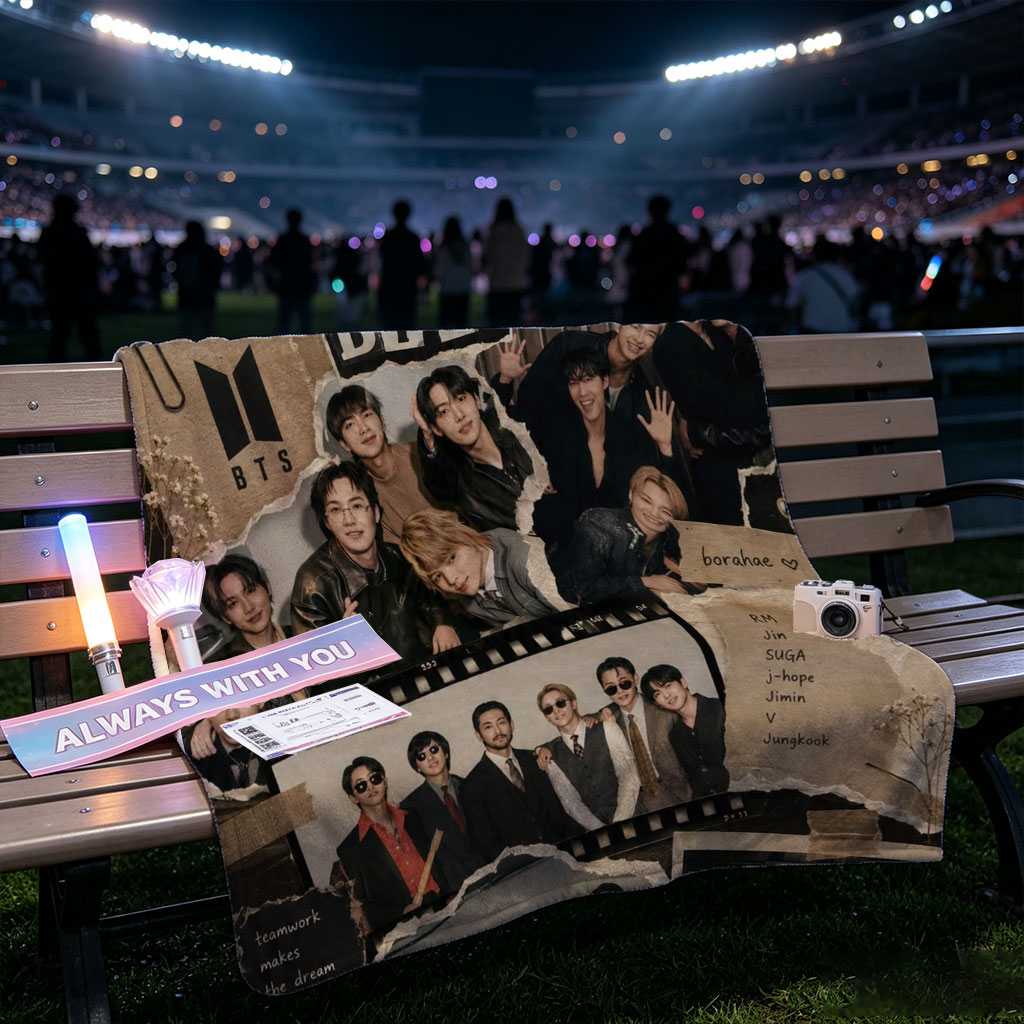 BTS Group Photo Collage Featuring Members in Various Outfits and Settings with Fans and Teamwork Theme - Blankets