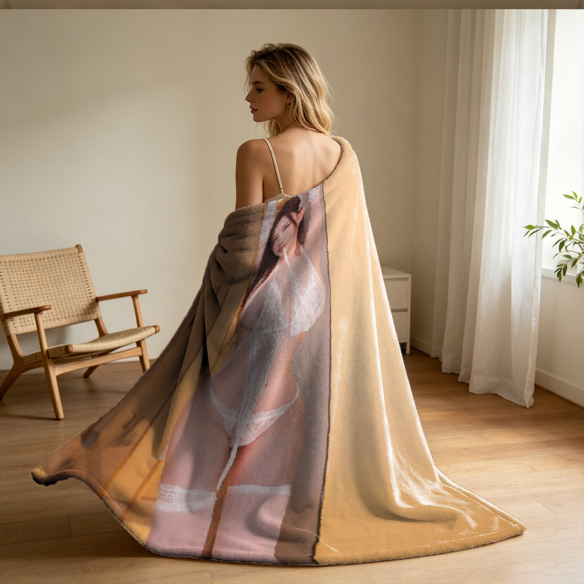 Blonde Woman in Black Mini Dress and Sheer Sleeves Admiring Herself in Mirror - Blanket