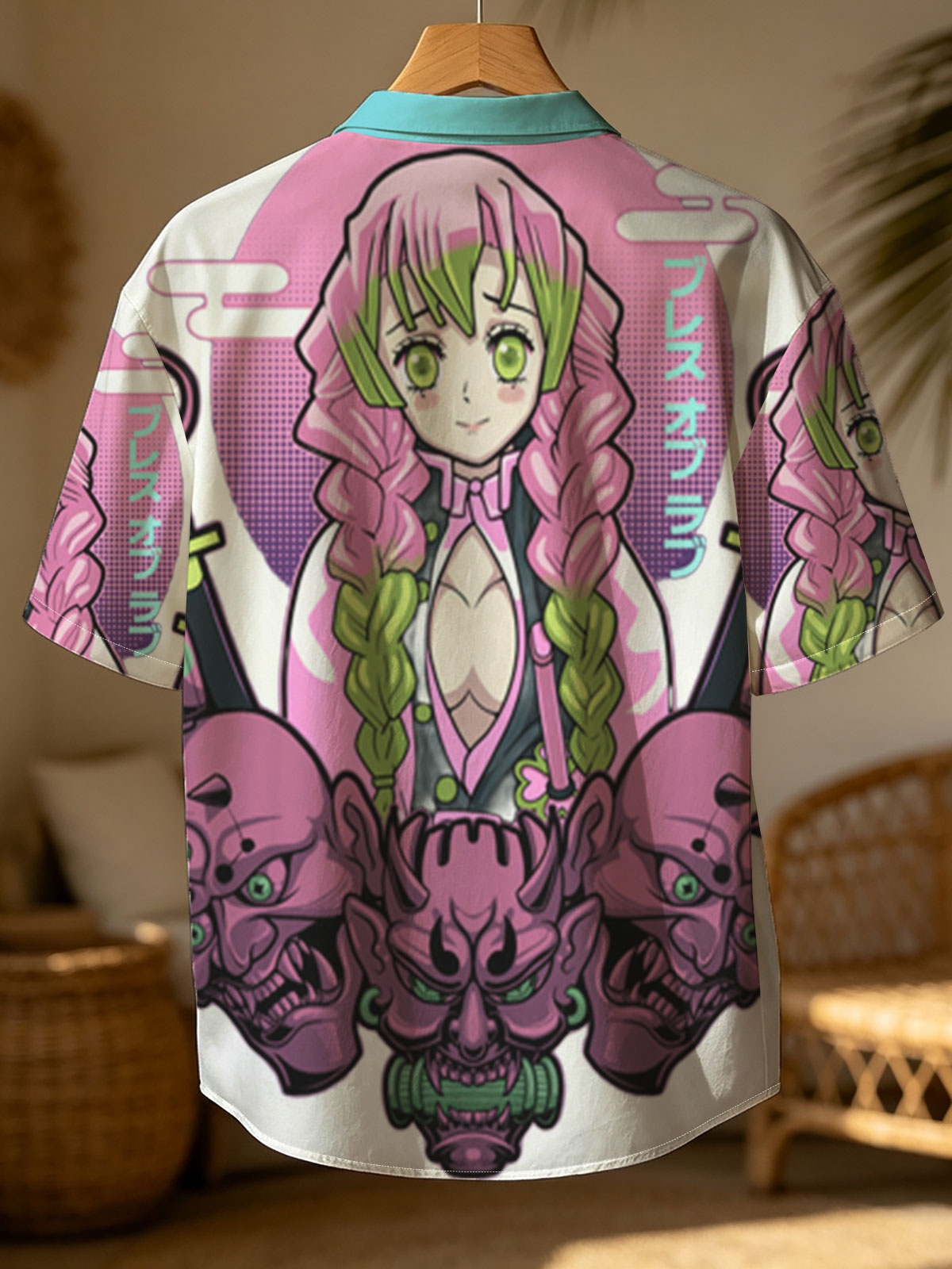 Nezuko Kamado from Demon Slayer with Pink Hair and Green Eyes, Surrounded by Skulls and Swords -  Shirt