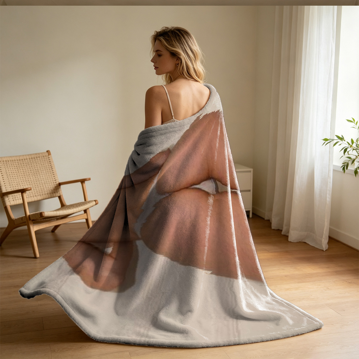 A woman in cream ribbed BOBO thong panties sitting on a wooden chair. - Blanket