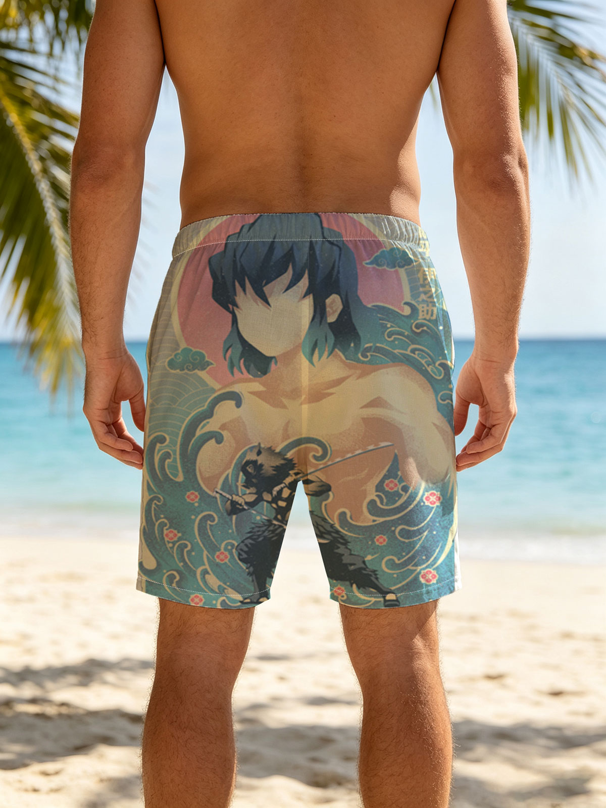 Inosuke Hashibira from Demon Slayer: Kimetsu no Yaiba, depicted in a dynamic pose with his twin swords, set against a stylized wave and sun background. -  Beach shorts