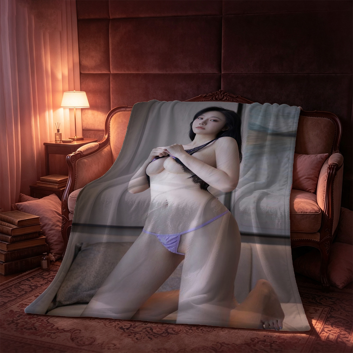 Korean Beauty in Black Lingerie and Stockings on Bed - Blanket