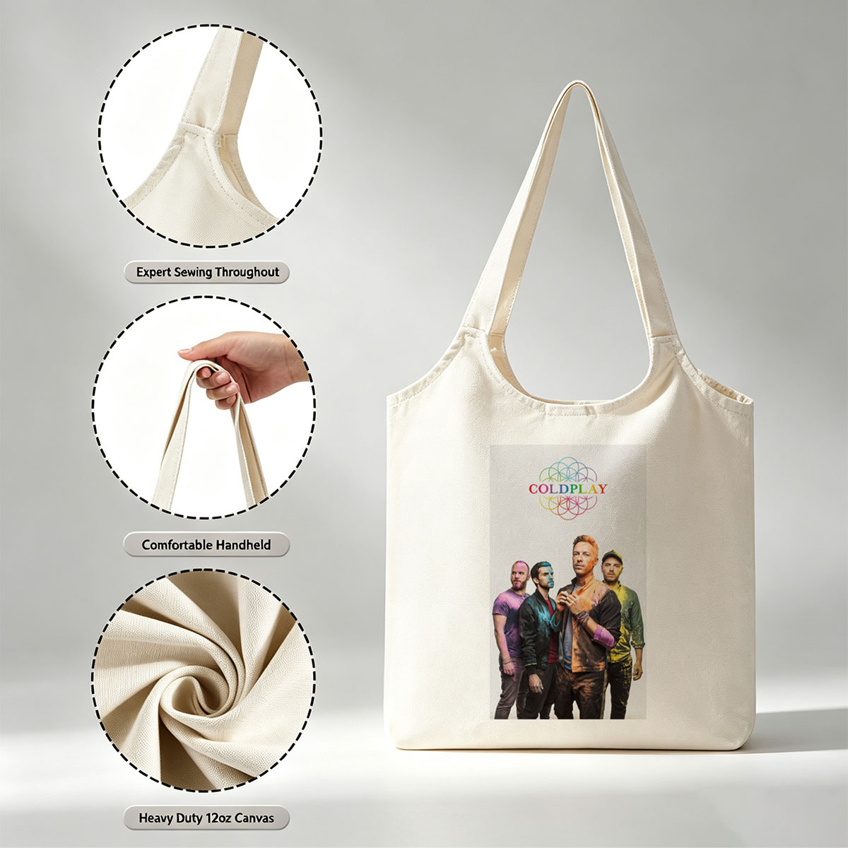 Coldplay Band Members in Colorful Painted Outfits Standing Together with Rainbow Logo Above - Canvas shoulder bags/