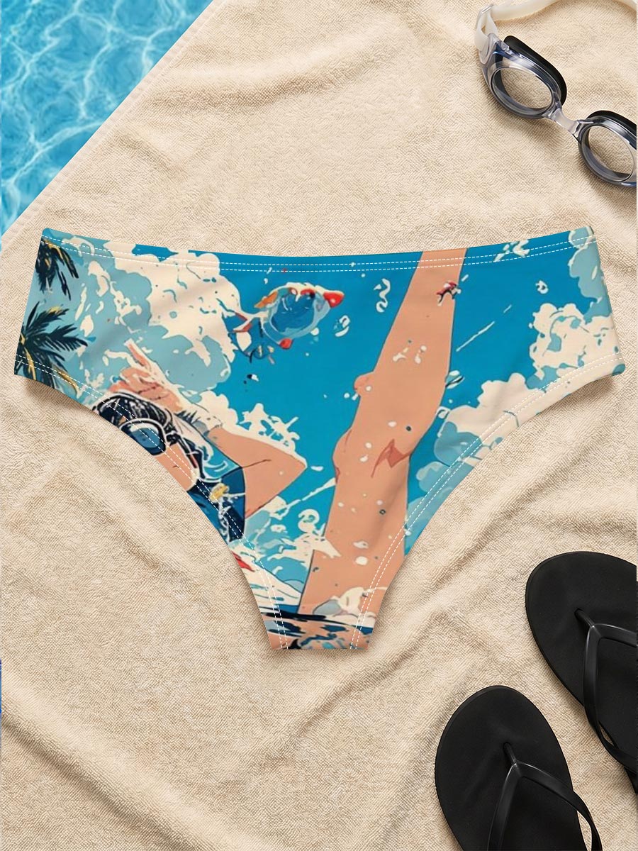 Girl floating in water with koi fish and palm trees under blue sky -  Men's swim trunks